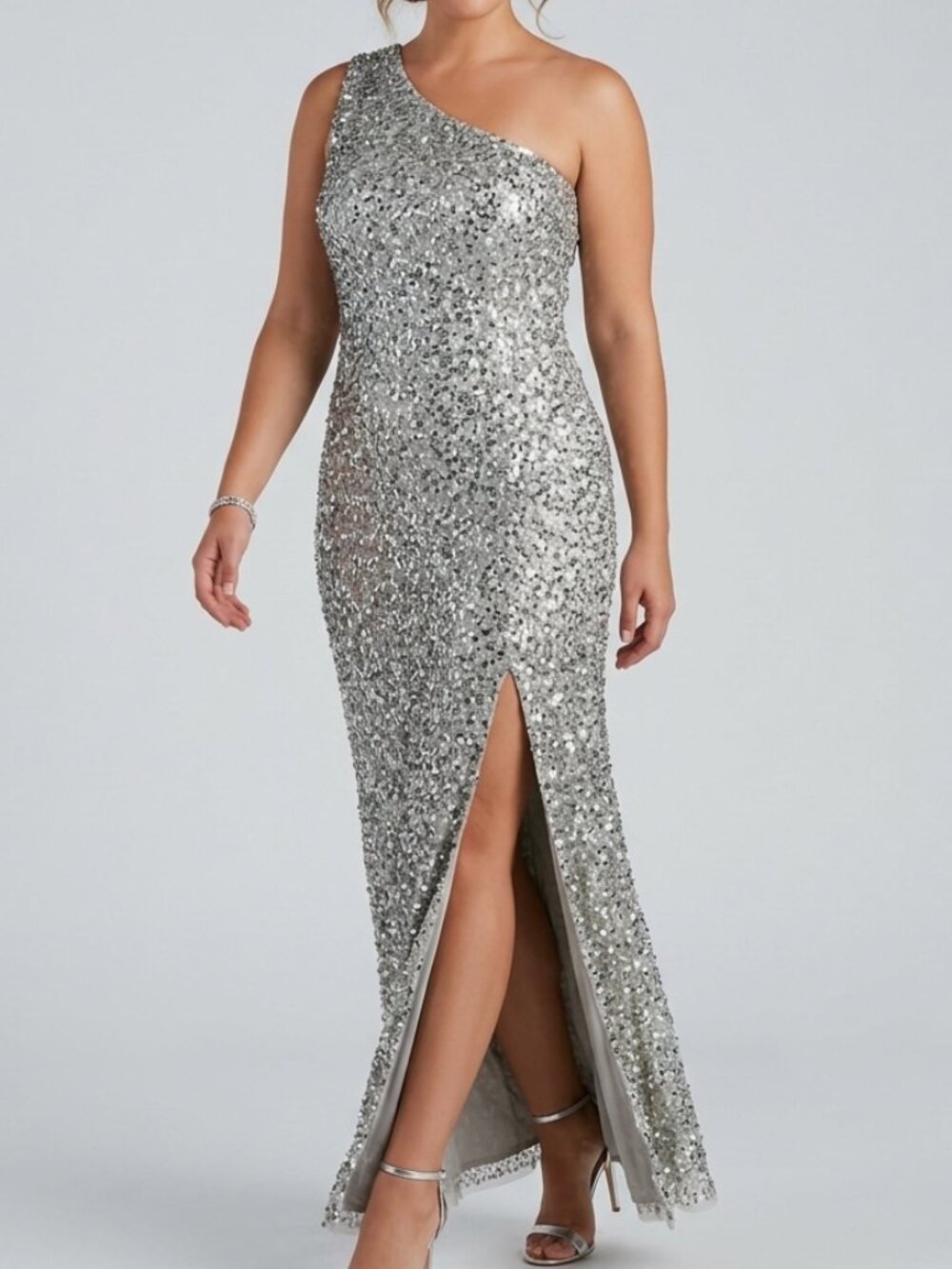 Adrianna Papell One-Shoulder Sequin Column Gown Silver Size 12 Formal Dress